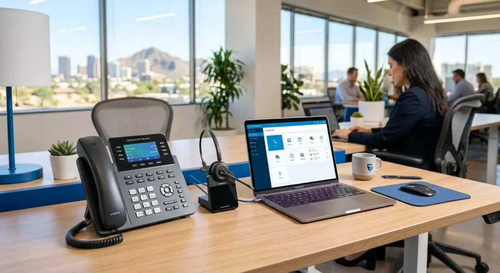 Centralita virtual para empresas con teléfono IP en una oficina